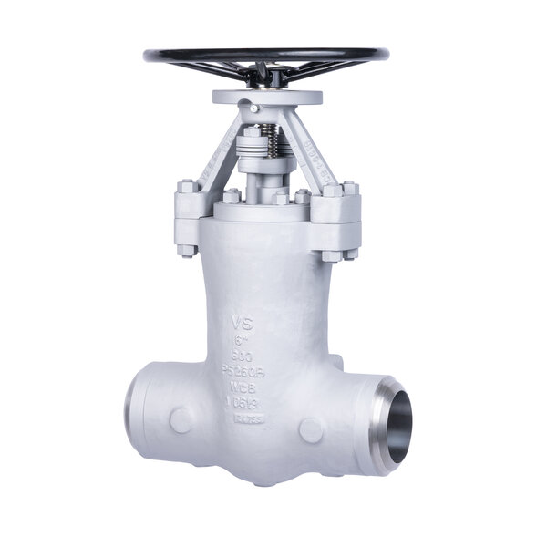 A white industrial valve with a large handwheel at the top for operation. The valve body is cylindrical with two flanged connections and features engraved markings for identification. It is designed for regulating fluid flow in pipelines.