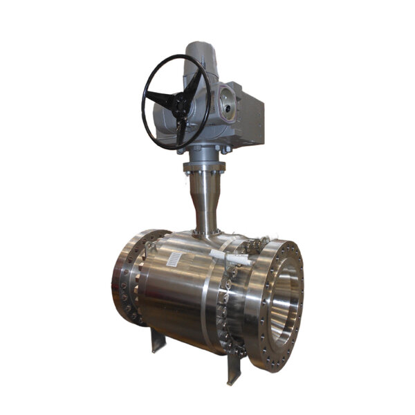 Metal valve assembly with a circular body and flanged ends. A motorized actuator is mounted on top, featuring a handwheel for manual operation. The valve is designed for controlling fluid flow in pipelines.