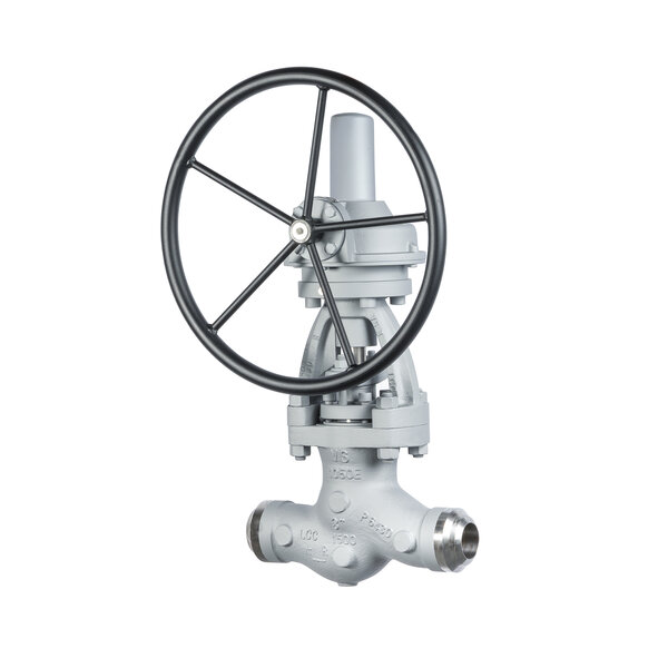 A silver industrial valve with a large black wheel for manual operation. The valve features a cylindrical body with flanged connections at the bottom and is designed for controlling fluid flow.