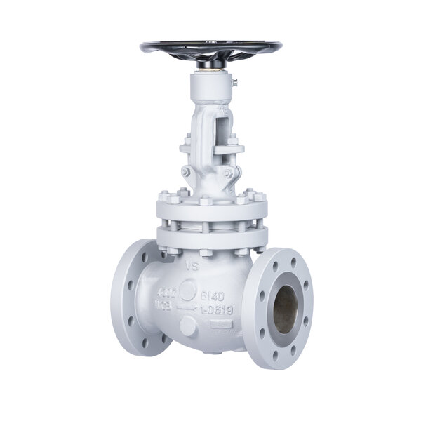 A gray industrial valve with a round handwheel on top for controlling flow. It has flanged ends for easy connection to piping systems. The valve body is designed for durability and efficiency in managing fluid flow.