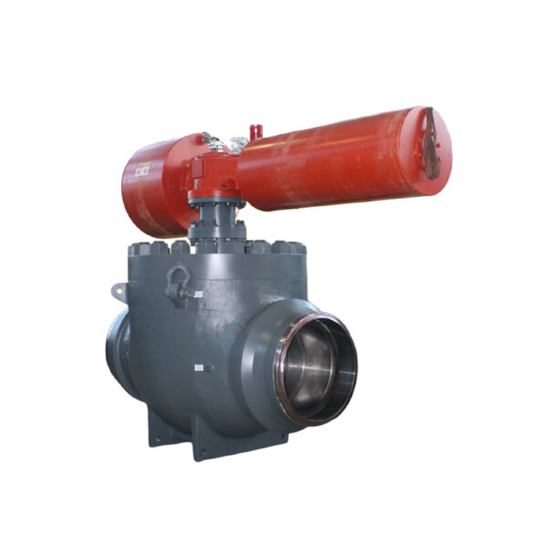 A large industrial valve with a red actuator on top. The valve body is dark gray with a circular opening on one side. The actuator features a cylindrical shape and tubing connected to it. The overall design indicates it's used for controlling flow in a piping system.