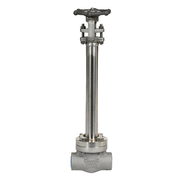 A metallic valve with a long vertical stem and a round handle at the top, designed for regulating flow in pipes. The base is wider and features a connection point for installation, with various attachment points along the stem.