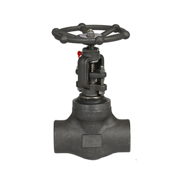 A black metal valve with a large round wheel handle on top. The valve body is cylindrical and features a threaded section at the bottom, designed for controlling fluid flow in a pipe system.