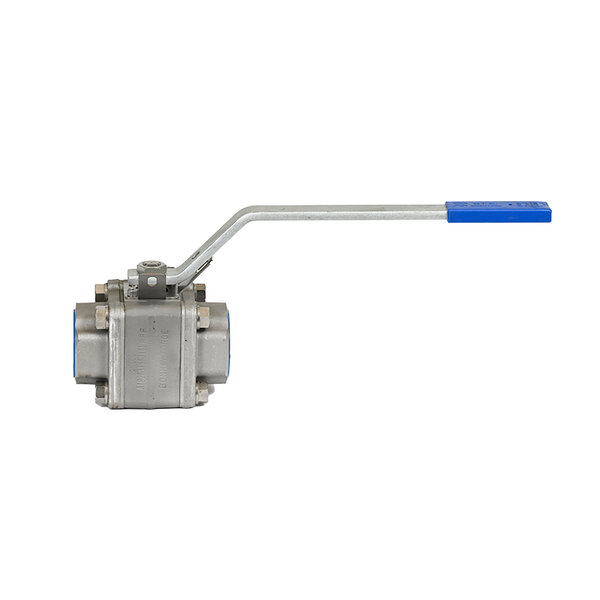 A metal ball valve with a blue lever handle positioned horizontally. The valve body is cylindrical with threaded ends, designed for controlling the flow of liquids or gases.