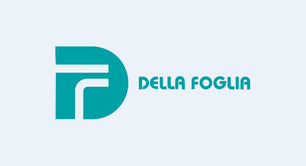 A stylized turquoise logo featuring a prominent letter "D" with a geometric design, followed by the text "DELLA FOGLIA" in a matching turquoise font. The background is light gray.