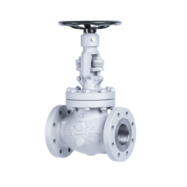 A metallic valve with a round black handle on top and flanged ends for pipe connections. The valve body is partially white and has engraved markings for specifications and identification.