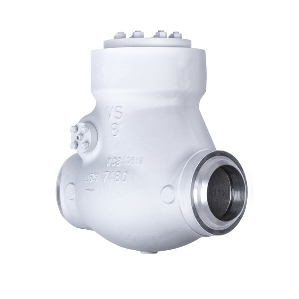 A white industrial valve with a rounded body, featuring a flange for connection, gauge ports, and a smooth finish. It is designed for fluid control in pipes.