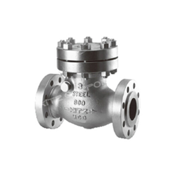 A stainless steel valve designed for high-pressure applications, featuring flanged ends for easy installation. The valve has a round body and multiple bolts on the top for securing the lid. It likely functions as a check valve in piping systems.