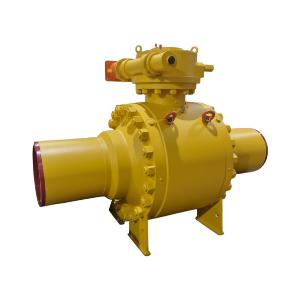 A large yellow valve with two horizontal pipes extending from each side. The valve features a circular body, bolts, and a control mechanism on top. The ends of the pipes are marked with red highlights.