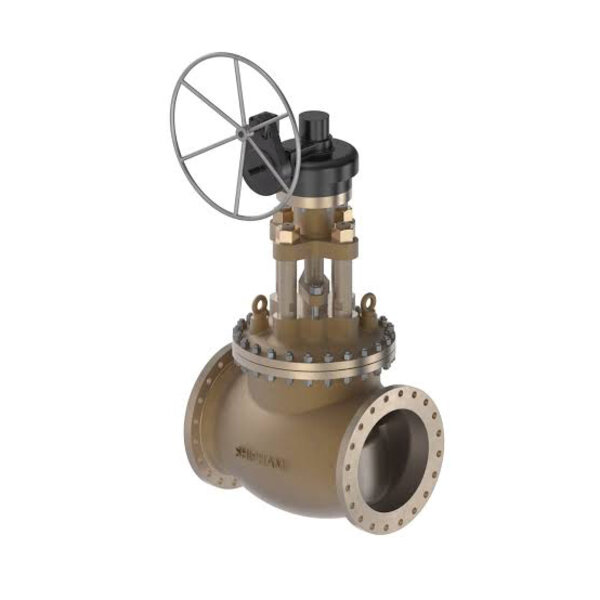 A large industrial valve with a round wheel-like handle on top for manual operation. The valve body is cylindrical with flanged ends and features a metallic finish. It is designed for controlling the flow of liquids in a pipeline system.