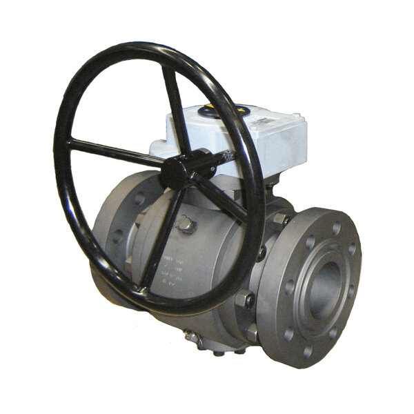 A large industrial valve with a black wheel handle for manual operation. The valve has a gray body and flanged ends for connection to pipes, with a control mechanism on top.