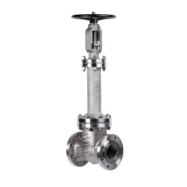 A stainless steel valve with a round black handle and flanged connections at the bottom. The valve has an elongated cylindrical body and features engraved markings. It is designed for regulating fluid flow in industrial applications.