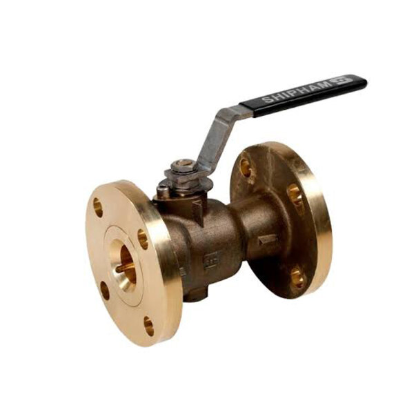 A brass ball valve with a lever handle and flanged ends, commonly used in plumbing applications to control the flow of fluids. The lever is positioned on top, indicating the valve's open or closed status.