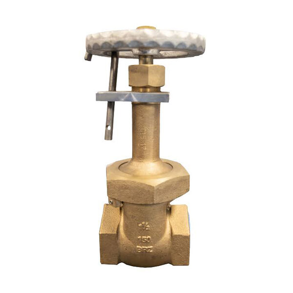 A brass valve featuring a round, toothed handle for control. The valve body is cylindrical with a square base and markings indicating pressure ratings. It is designed for regulating fluid flow in piping systems.