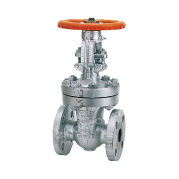 A metal gate valve with a bright orange handwheel on top and flanged connections at the bottom. The valve is designed for controlling fluid flow in pipes, featuring a robust and industrial design.