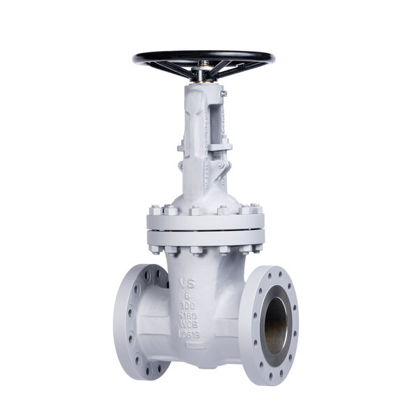A white industrial valve with a large round black handwheel on top, featuring flanged ends for attachment to pipes. The valve is designed for controlling fluid flow and is positioned upright.