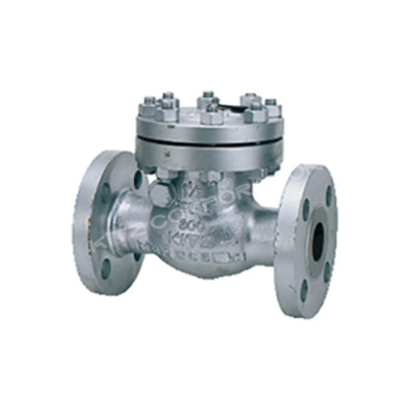 A metallic valve with flanged ends and a top-mounted lid, designed for fluid control. The valve has a polished silver surface and is marked with technical specifications.