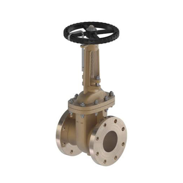 A brass valve with a large black wheel handle on top, designed for controlling fluid flow. The valve has flanged ends for attachment to pipes and features a sturdy, metallic construction.