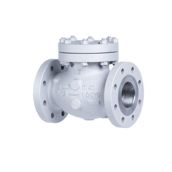A silver metal valve with flanged ends, designed for connecting to piping. The valve has a circular body and is fitted with a circular flange on top, featuring several bolts. It is typically used in plumbing or industrial applications.