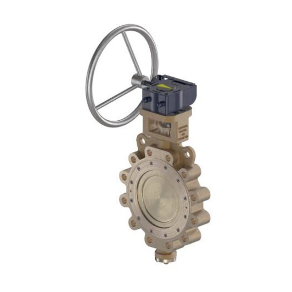 A bronze rotary valve with a circular handwheel for manual operation, featuring a motorized actuator on top for automated control. The valve body is round with connection ports.