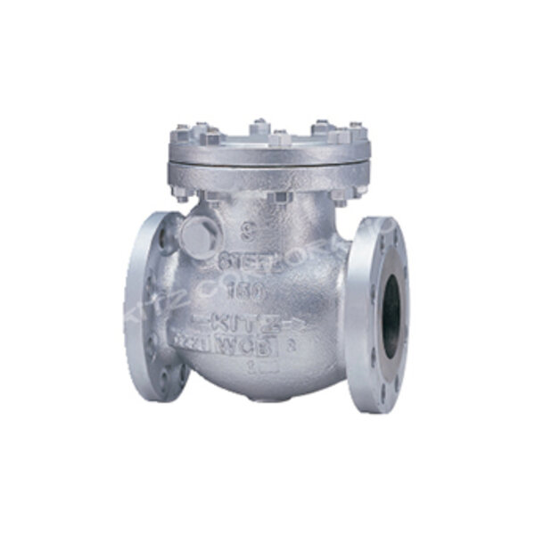 A shiny, metallic valve with a round body and flanged ends, designed for pipe connections. It features a bolted top and has markings indicating specifications, commonly used in plumbing or industrial applications to control fluid flow.