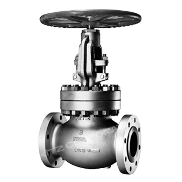 A metallic valve with a round handle on top, featuring a flanged body and a visible stem. The valve is designed for regulating flow and is shown in a three-quarter view.