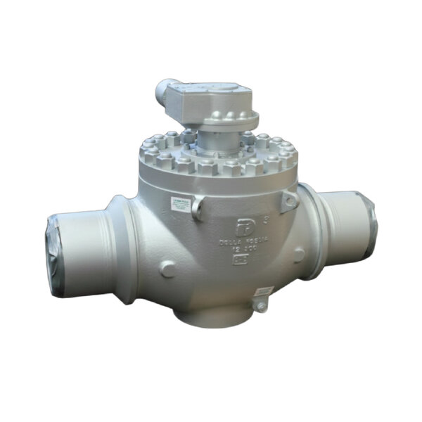A large industrial valve with a cylindrical body and multiple connection points. The valve is painted light gray and features a mechanical actuator on top, designed for controlling fluid flow in pipelines.