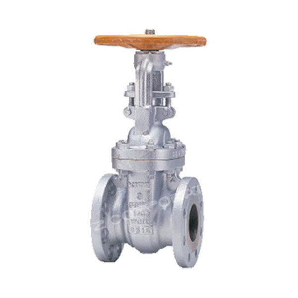 A metallic gate valve with a wooden handwheel for manual operation, featuring flanged ends for connection to piping systems. The valve is designed for controlling fluid flow in various applications.