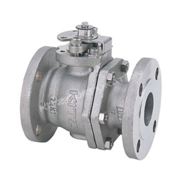 A stainless steel ball valve with flanged ends and a manual actuator, designed for controlling fluid flow in pipelines. The valve features a smooth, rounded body and a top-mounted handle for operation.