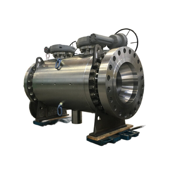 A large metallic valve assembly with two motors on top, featuring a circular flange with multiple bolt holes. The valve is mounted on a blue pallet, indicating it is intended for industrial use. The surface has a shiny, polished appearance.