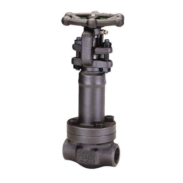 A black metal valve with a round handle on top and a threaded connection at the bottom.