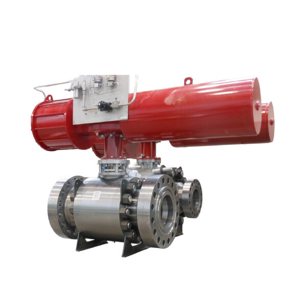 An industrial valve with a large red actuator on top, supported by a metal body with flanges. The assembly is designed for controlling fluid flow in pipelines, showcasing a robust and mechanical design.