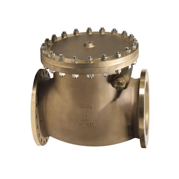 A bronze valve with a round, flanged body and a top cover featuring multiple bolts. The valve is designed for controlling fluid flow and includes an inlet and an outlet on either side.