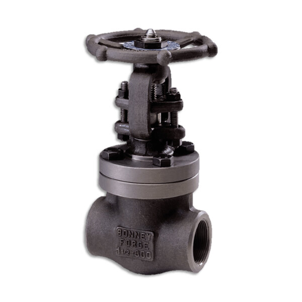 A metal valve with a round handwheel on top, featuring a cylindrical body and threaded end. The valve is designed for regulating fluid flow and has a sturdy construction with visible bolts and markings.