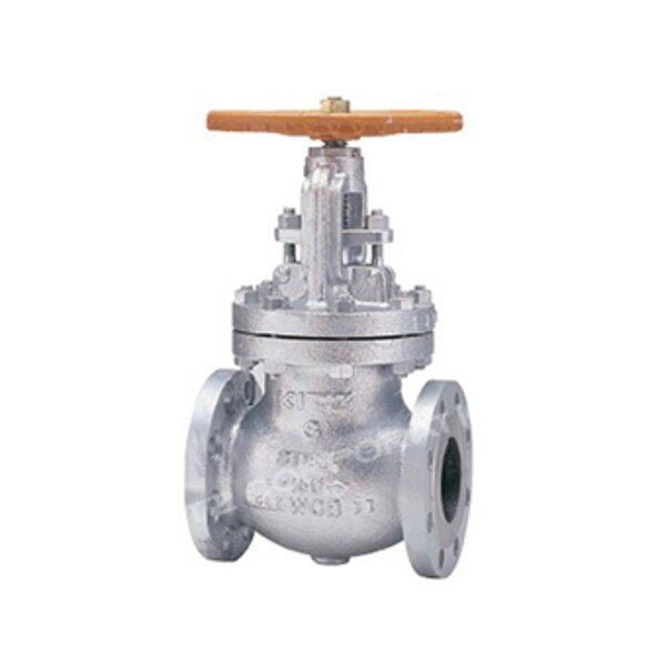 A metallic gate valve with a round wooden handle, designed for controlling the flow of fluids. The valve features two flanged ends for easy installation in piping systems.