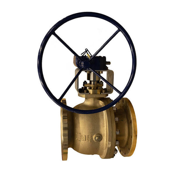A large brass valve with a round black wheel on top for manual operation. The valve features a flanged base for easy installation, and there is a small control unit attached to the top of the valve.