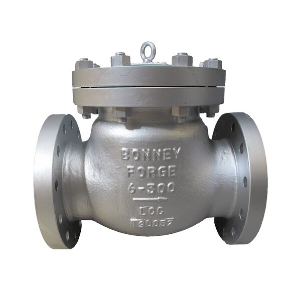 Silver industrial valve with flanged ends and bolts.