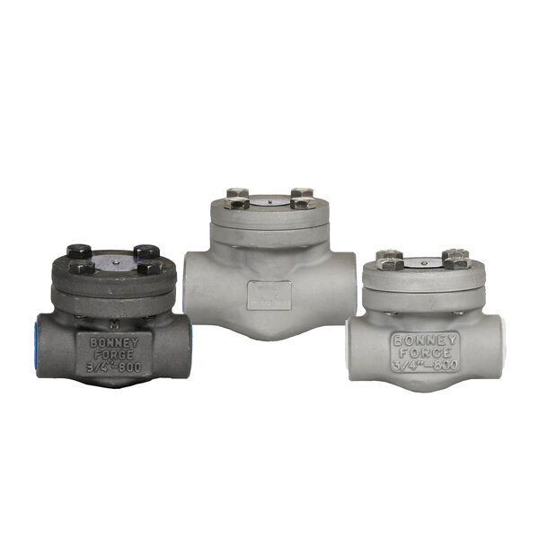 Three metallic pipe fittings are displayed: two are black and one is gray. Each fitting has labels indicating "Bonney Forge" and various sizes. The fittings appear to be valves commonly used in plumbing.