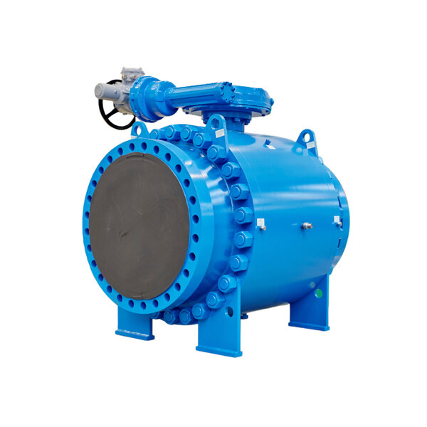 A large, cylindrical valve assembly with a vivid blue exterior and a round black opening at the front. The valve features multiple bolt holes around the circumference and is equipped with a mechanical actuator on top for operation.