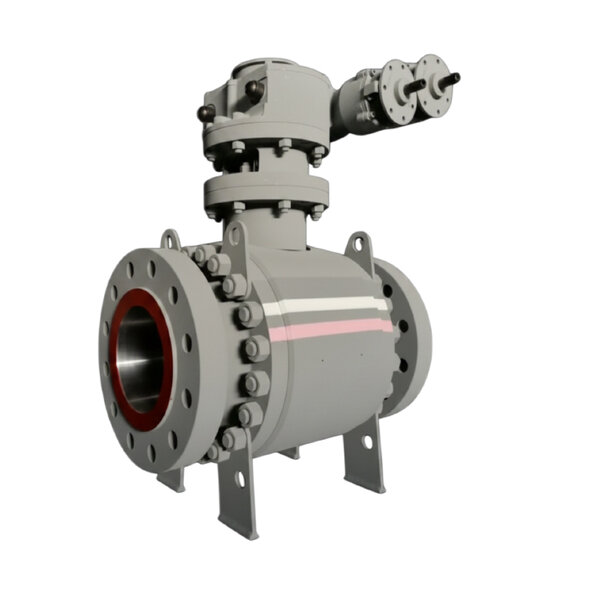 A large industrial valve with a cylindrical body, flanged ends, and a mounted actuator on top. The valve features a smooth surface, bolt patterns on the sides, and a metallic finish. It is designed for controlling fluid flow in pipelines.