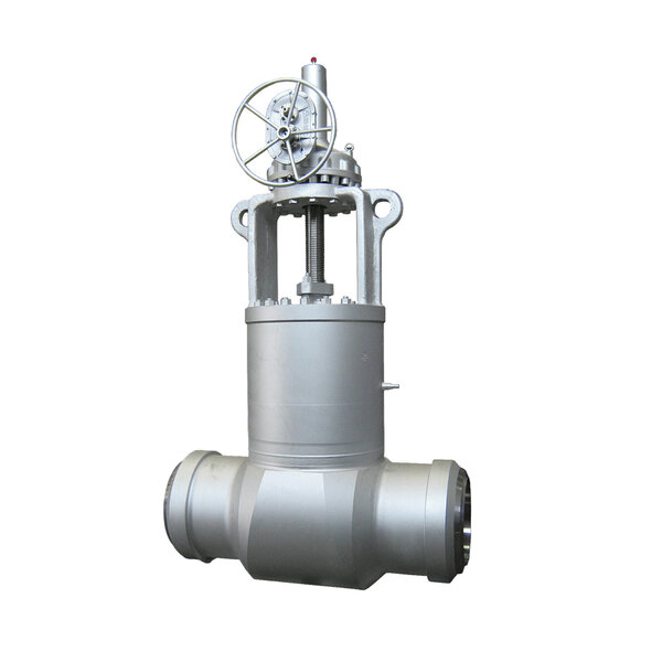 A vertical metal valve with a round handwheel at the top and a cylindrical body. The valve is designed for controlling fluid flow, featuring a large opening at the base and a compact design. The overall finish is shiny and metallic.