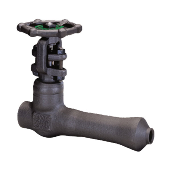 A black metal valve with a round handle at the top for turning. The handle has a green marking and is connected to a cylindrical body that extends into a horizontal pipe. The valve is designed for controlling the flow of liquid or gas.